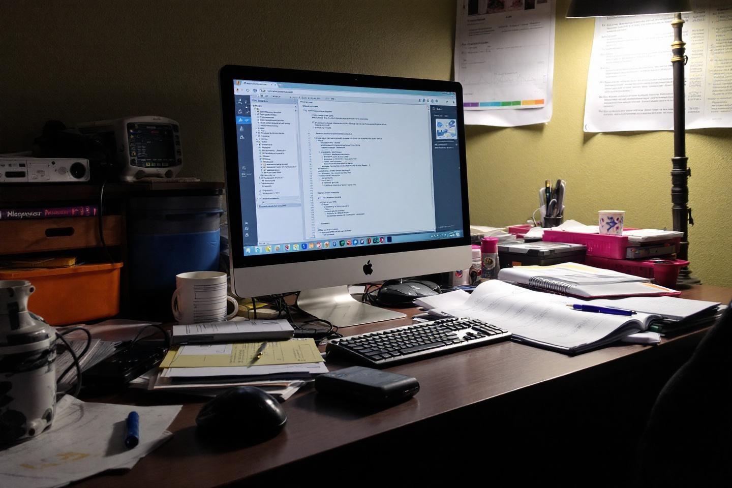 Espace de travail en désordre avec un écran iMac, des documents et une lampe