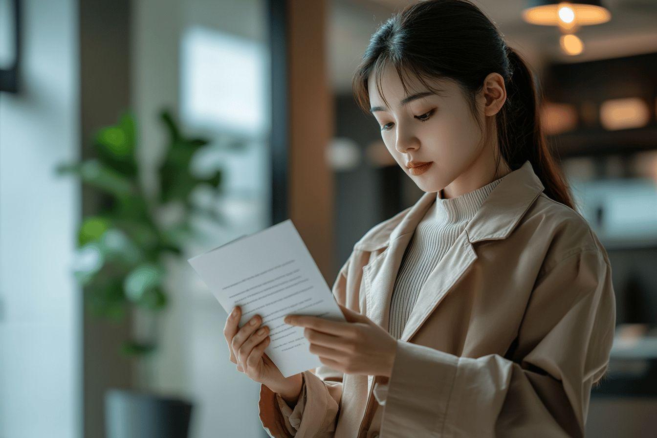 Jeune femme lisant un document dans un bureau moderne