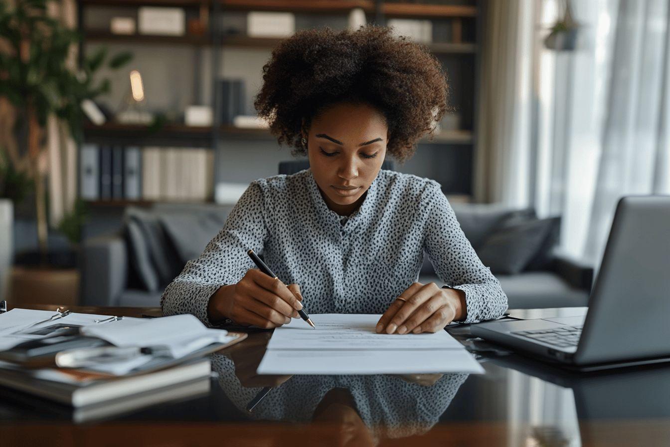 Professionnelle concentrée écrivant des documents près d'un ordinateur portable