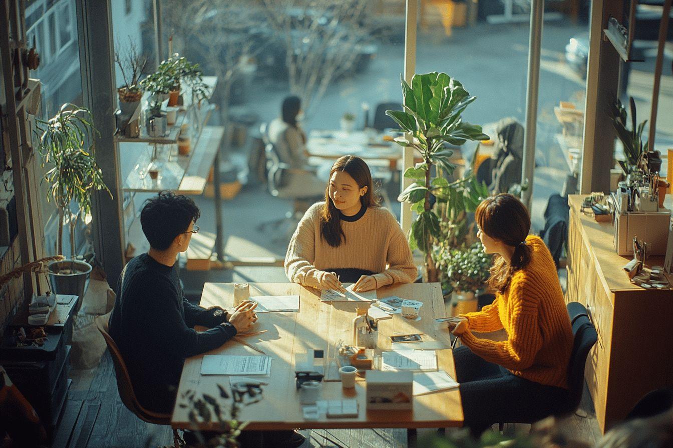 Trois personnes travaillant ensemble près de plantes vertes