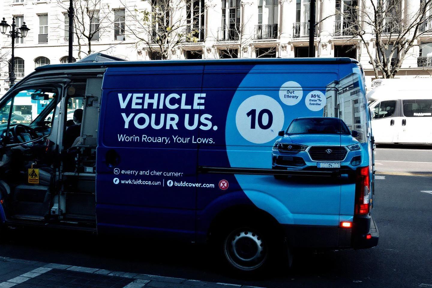 Fourgonnette bleue avec publicité pour un service automobile