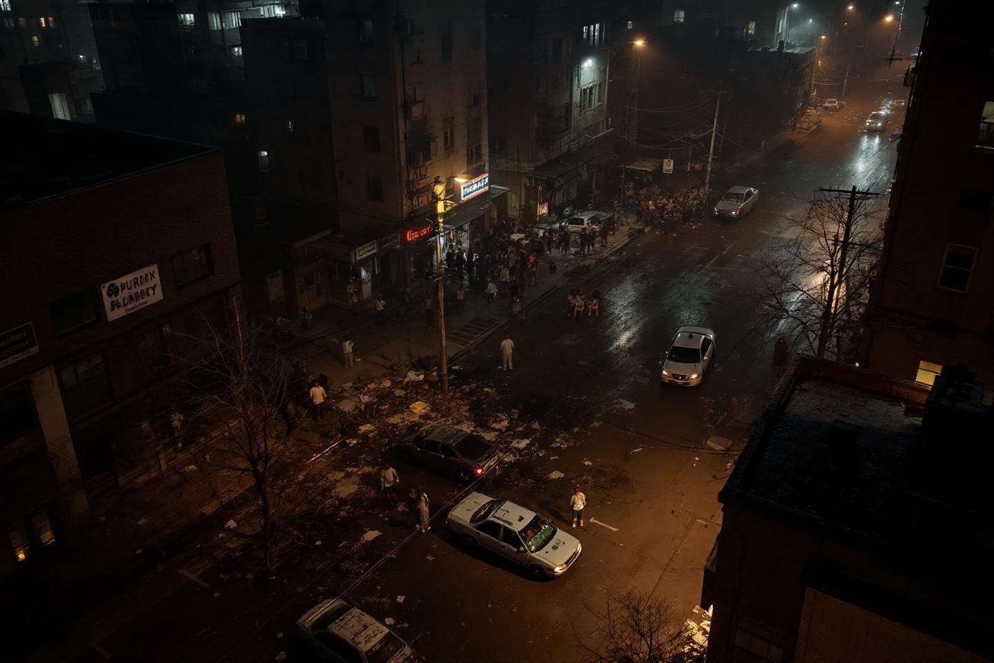 Scène urbaine sombre avec débris et véhicules de nuit