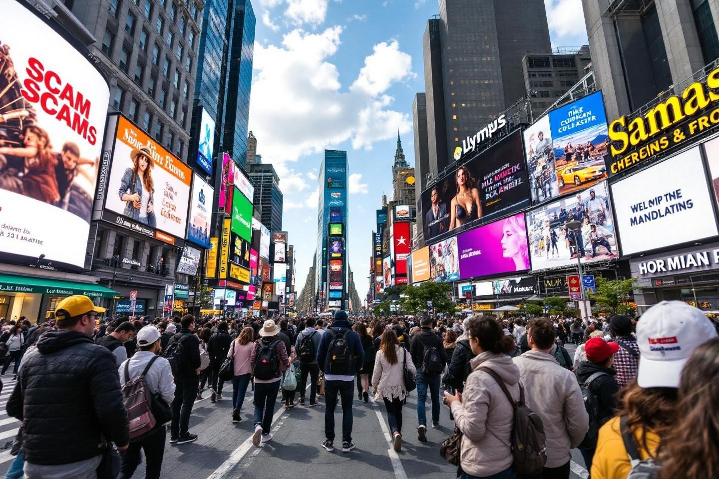 Nombreuses personnes traversant une rue de Times Square avec panneaux publicitaires