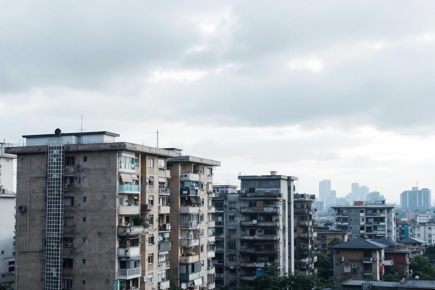 Bâtiments résidentiels denses avec gratte-ciels lointains