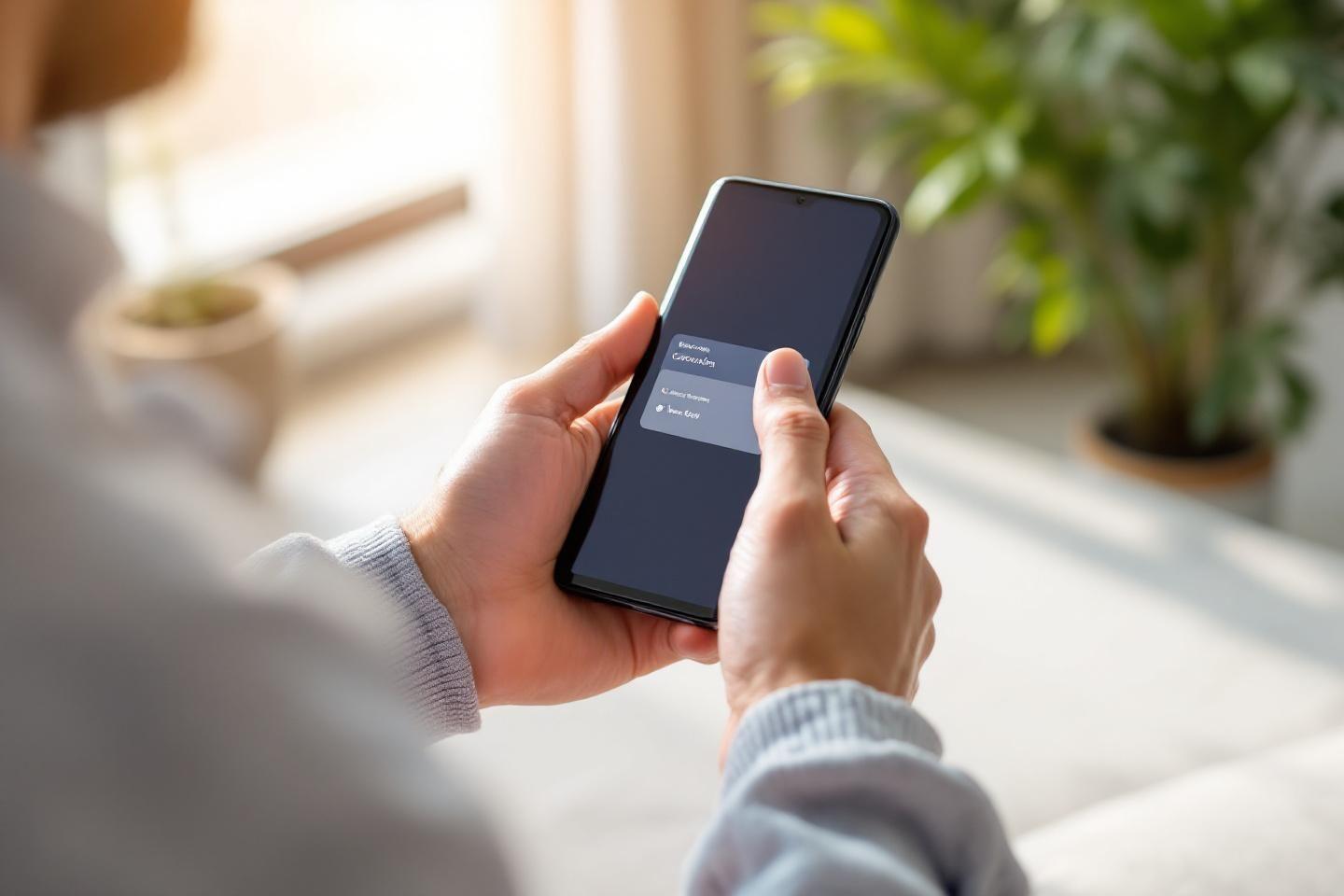 Main tenant un téléphone avec un menu d'application ouvert