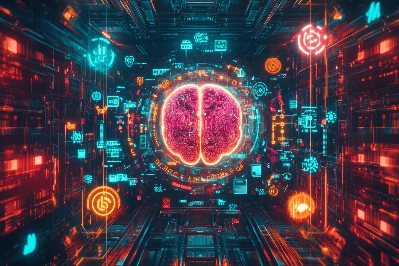 Cerveau numérique rose entouré d'interfaces technologiques futuristes