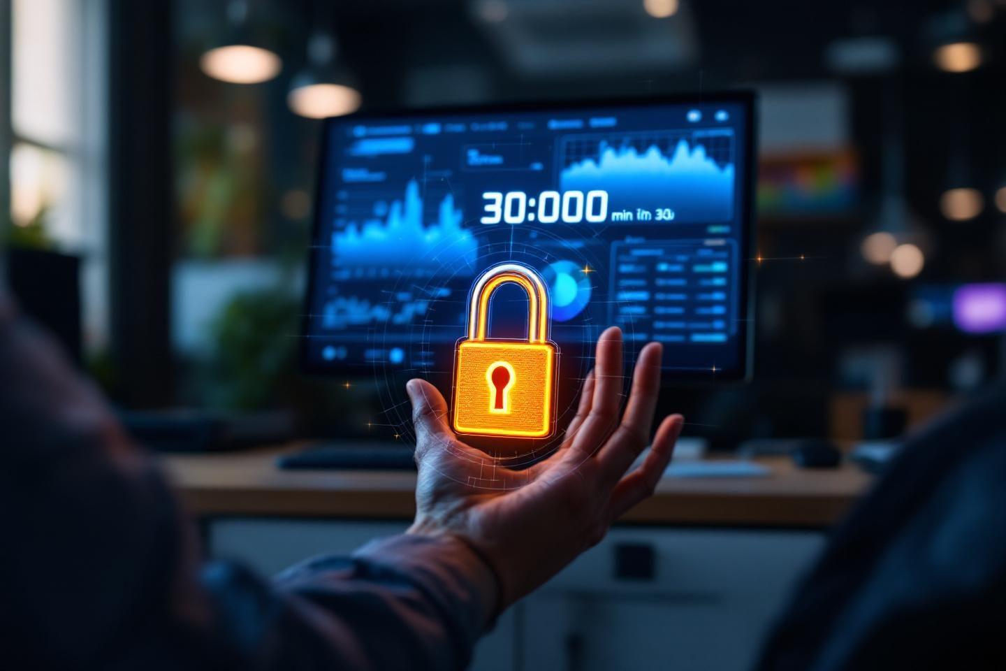 Main tenant un cadenas num&eacute;rique orange devant un &eacute;cran