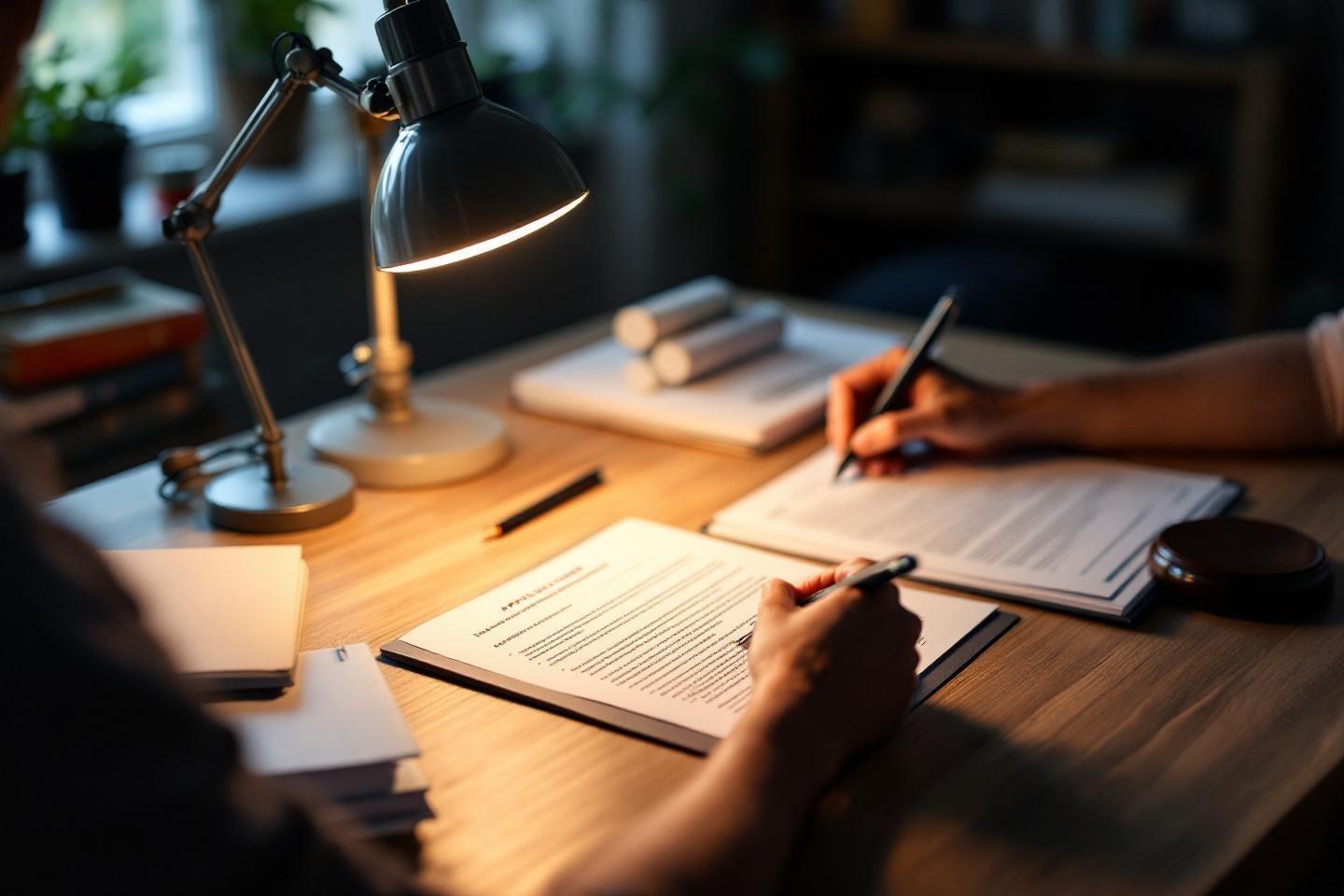 Documents et mains sous la lumi&egrave;re d'une lampe de bureau