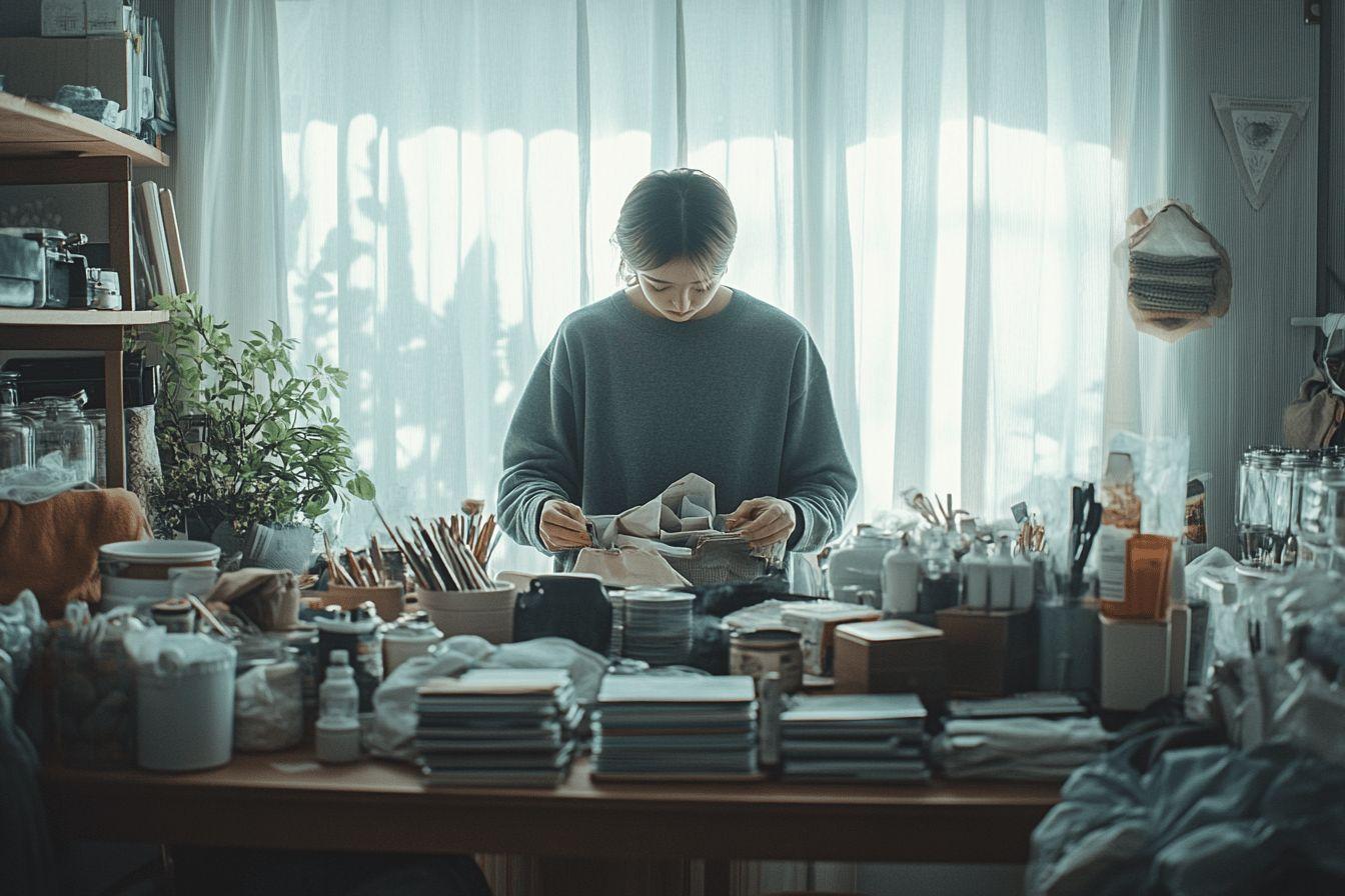 Personne travaillant entourée de matériel et objets créatifs