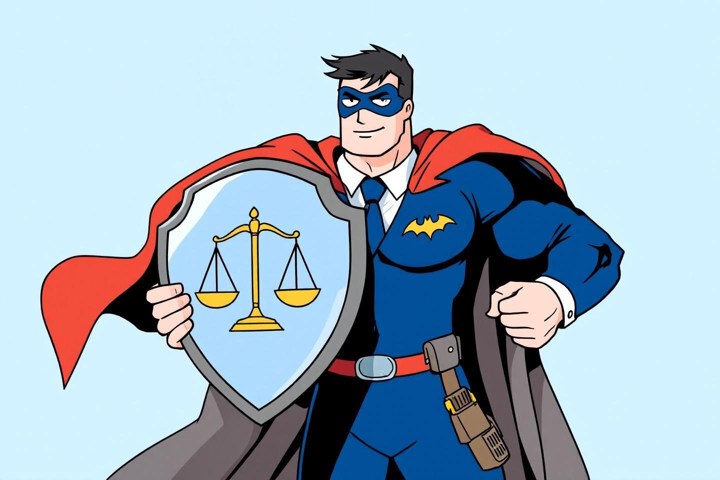 Homme masqué en costume de superhéros tenant un bouclier de justice