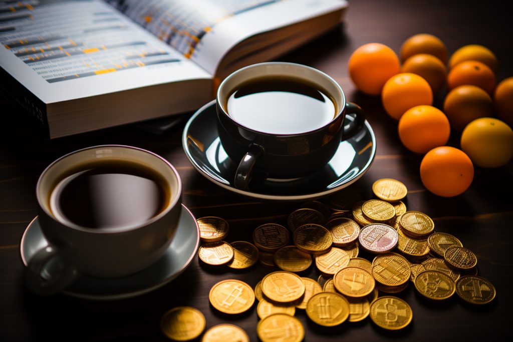 Une tasse de café et des oranges sur une table.