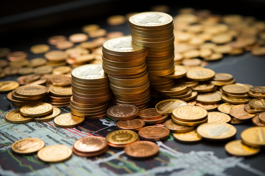 Une pile de pièces d’or au-dessus d’un graphique boursier.