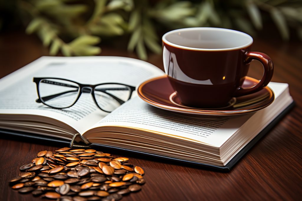 Une tasse de café sur une table à côté d'un livre.