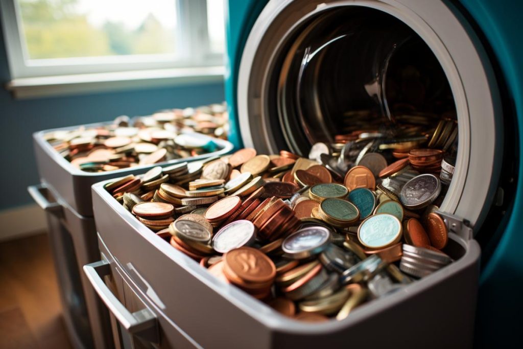 Une machine à laver remplie de pièces de monnaie.