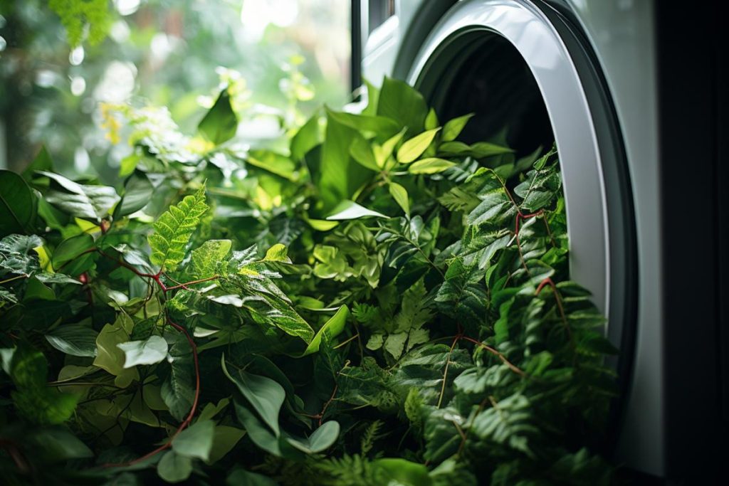 Une image d’une machine à laver avec des plantes dedans.