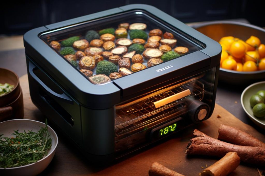 Un four grille-pain rempli de légumes et une horloge.