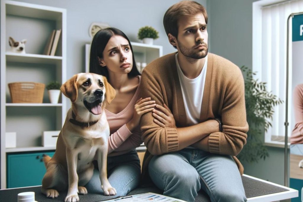Un homme et une femme sont assis sur une table avec un chien devant eux.