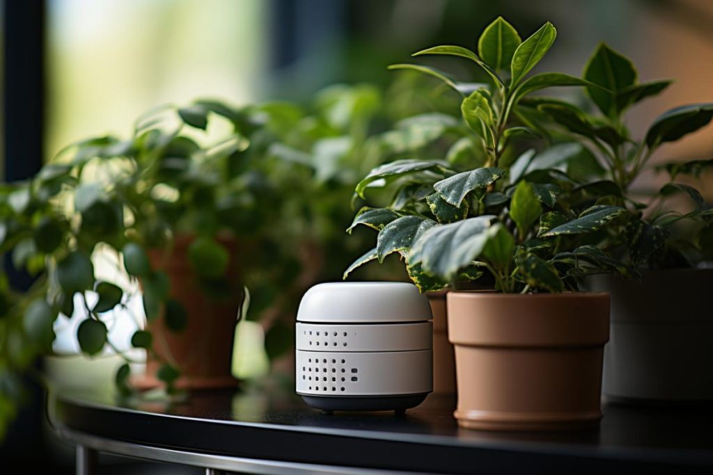 Un petit haut-parleur est posé sur une table à côté de plantes en pot.
