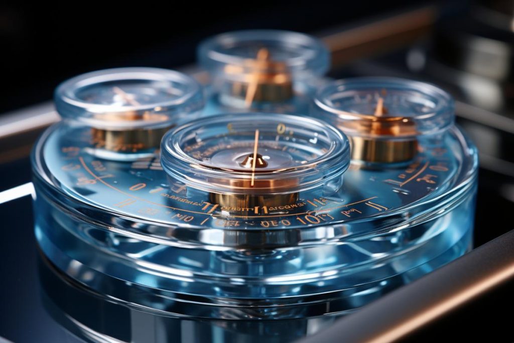 Un récipient en verre bleu avec une boussole dorée sur le dessus.