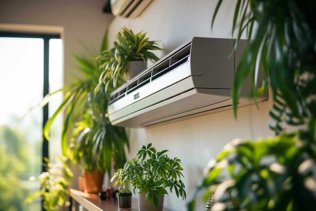 Une pièce avec des plantes et un climatiseur.