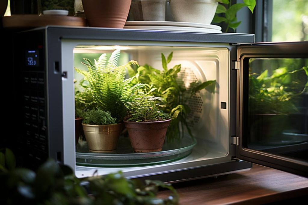 Un micro-onde avec des plantes dedans.