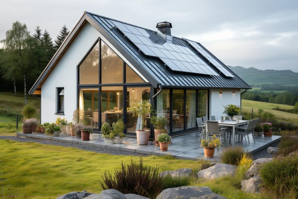 Une maison avec des panneaux solaires sur le toit.