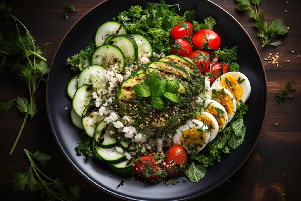 Une salade de concombres, tomates et œufs sur une assiette noire.