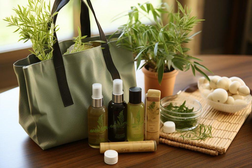 Un sac fourre-tout vert avec des plantes et des produits sur une table.
