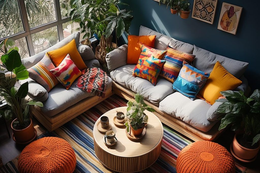 Un salon avec des coussins et des plantes colorés.