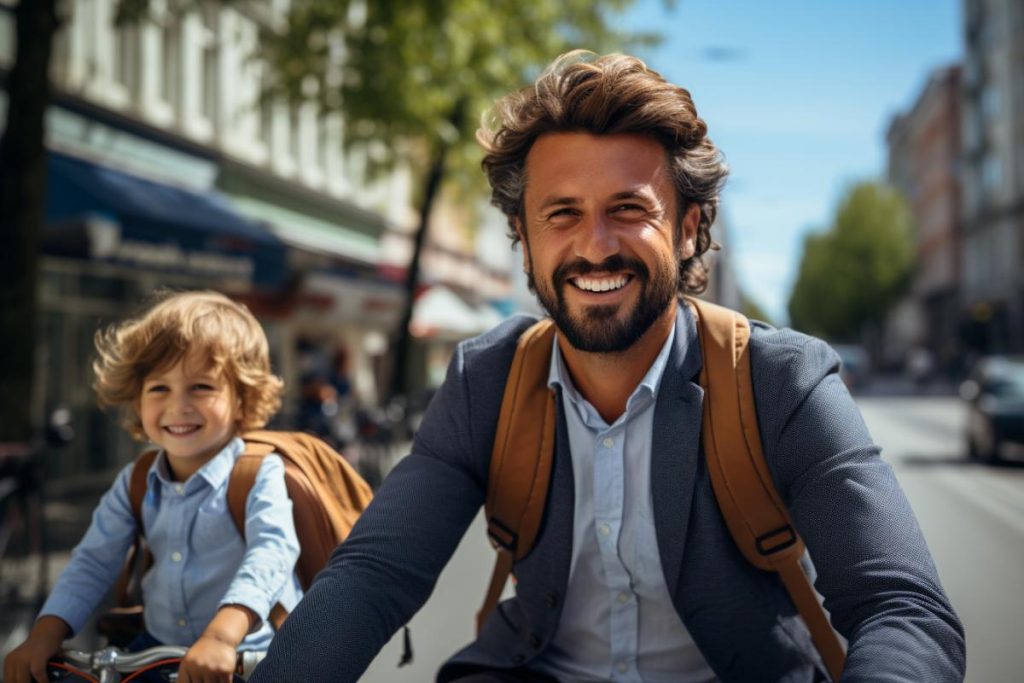 Un homme et son fils faisant du vélo dans la ville.