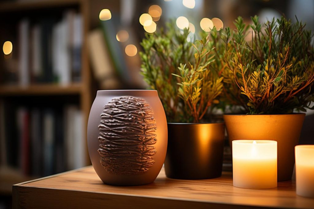 Une bougie sur une table à côté d’une plante en pot.