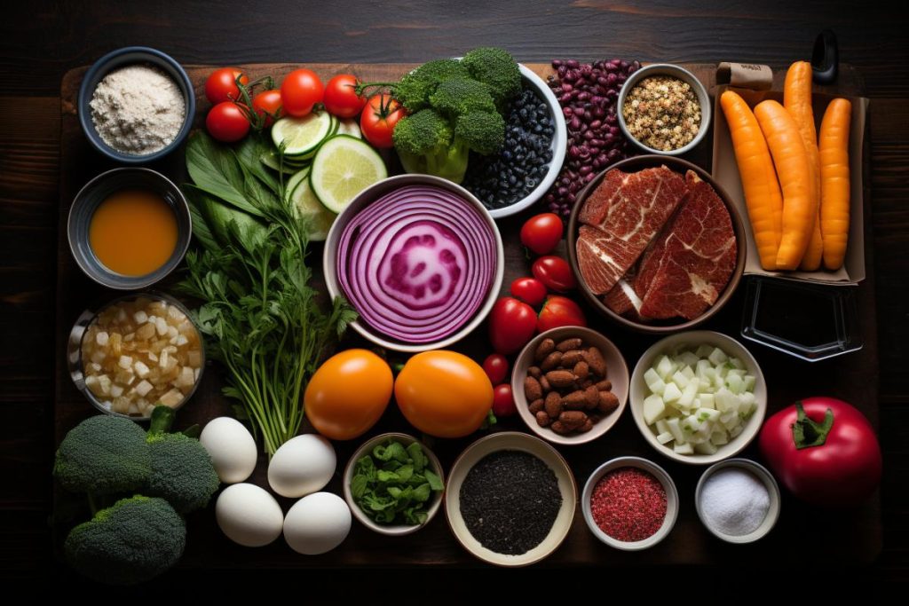 Divers ingrédients alimentaires sur une planche à découper en bois.