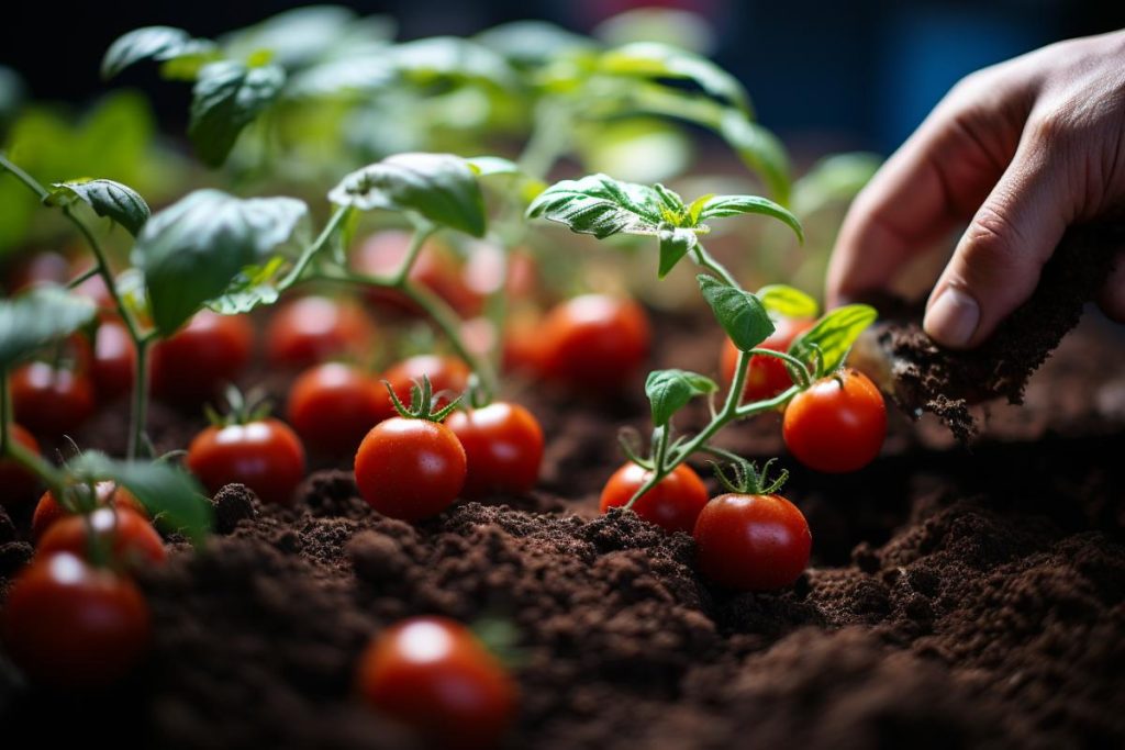 Une personne plante des tomates dans un jardin.