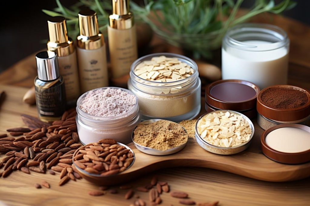 Divers produits de beauté sur une table en bois.