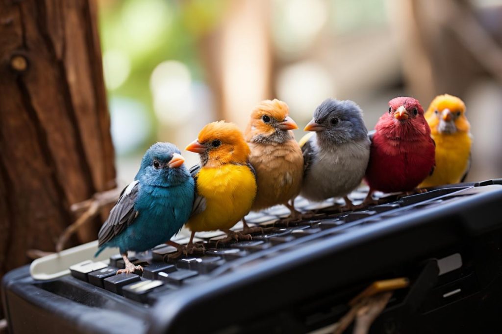 Un groupe d’oiseaux colorés assis sur un clavier.