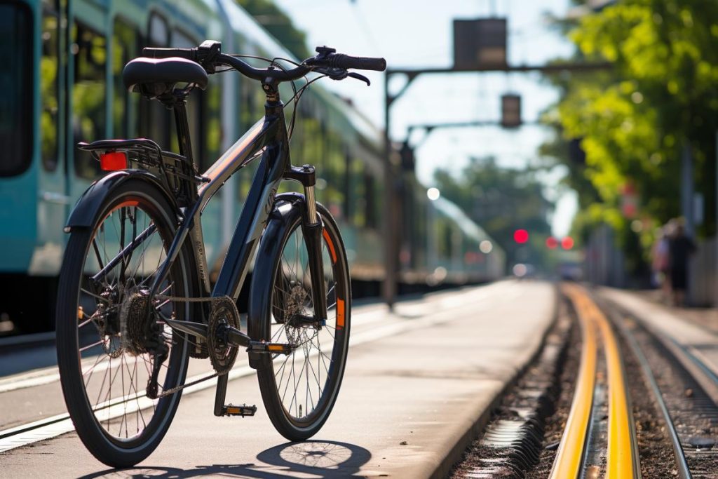 Un vélo est garé sur une voie ferrée.