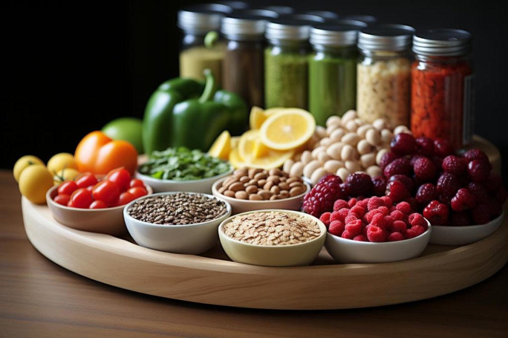 Un plateau en bois rempli de différentes sortes de fruits et légumes.