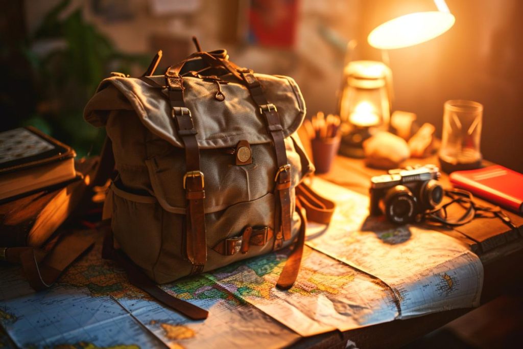 Un sac à dos est posé sur une table à côté d’une carte.
