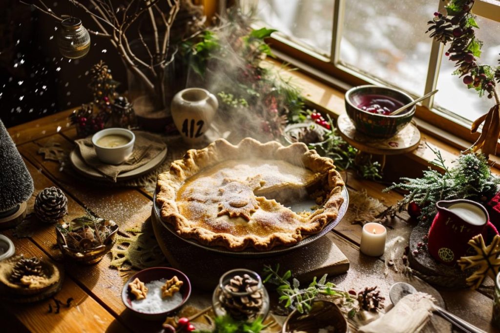 Une tarte est posée sur une table à côté d’une fenêtre.