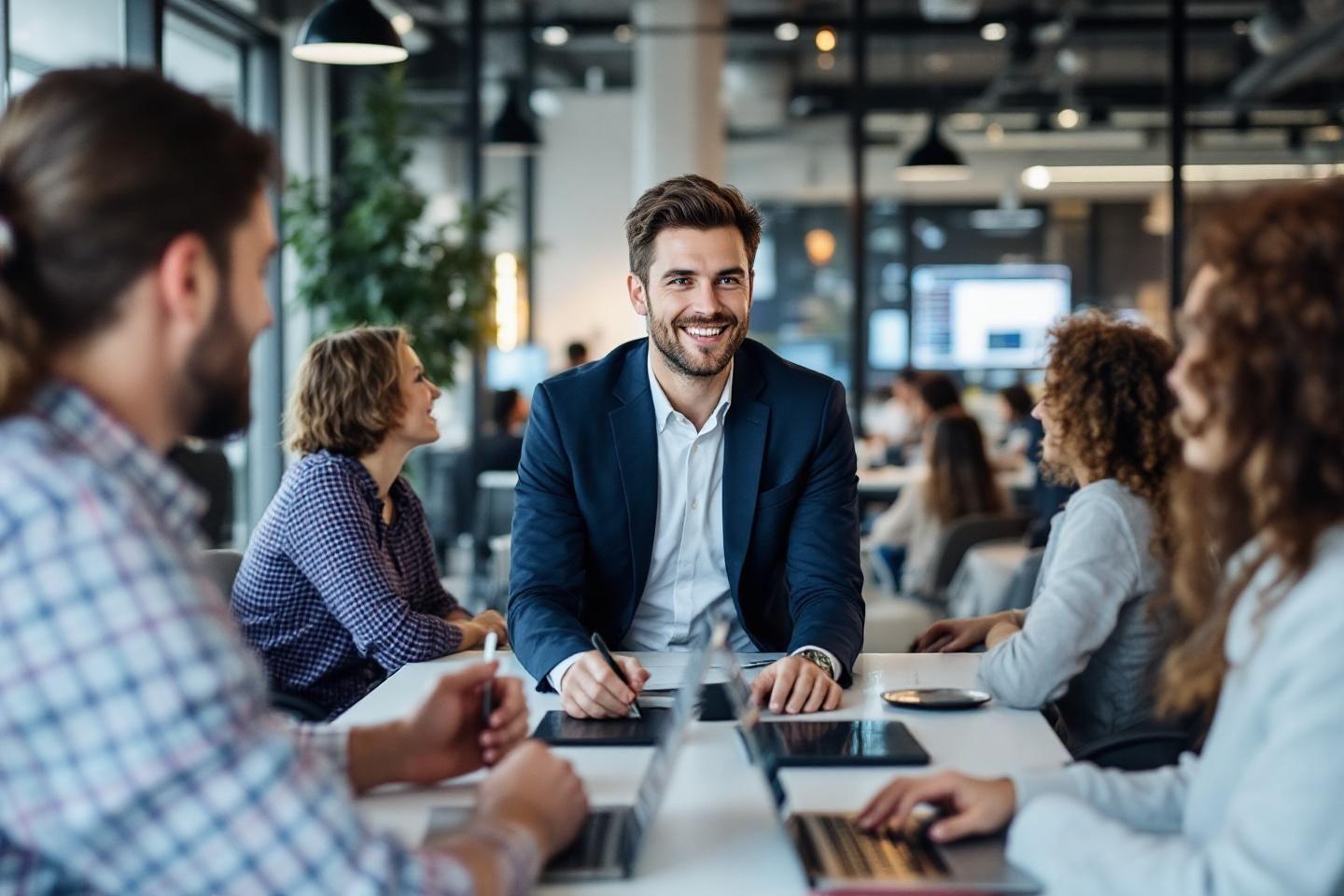 Employés en réunion dans un bureau moderne et lumineux