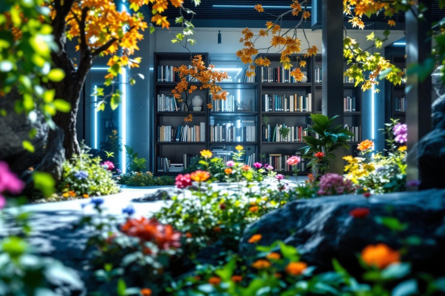 Étagères de livres entourées de fleurs et feuillages d'automne