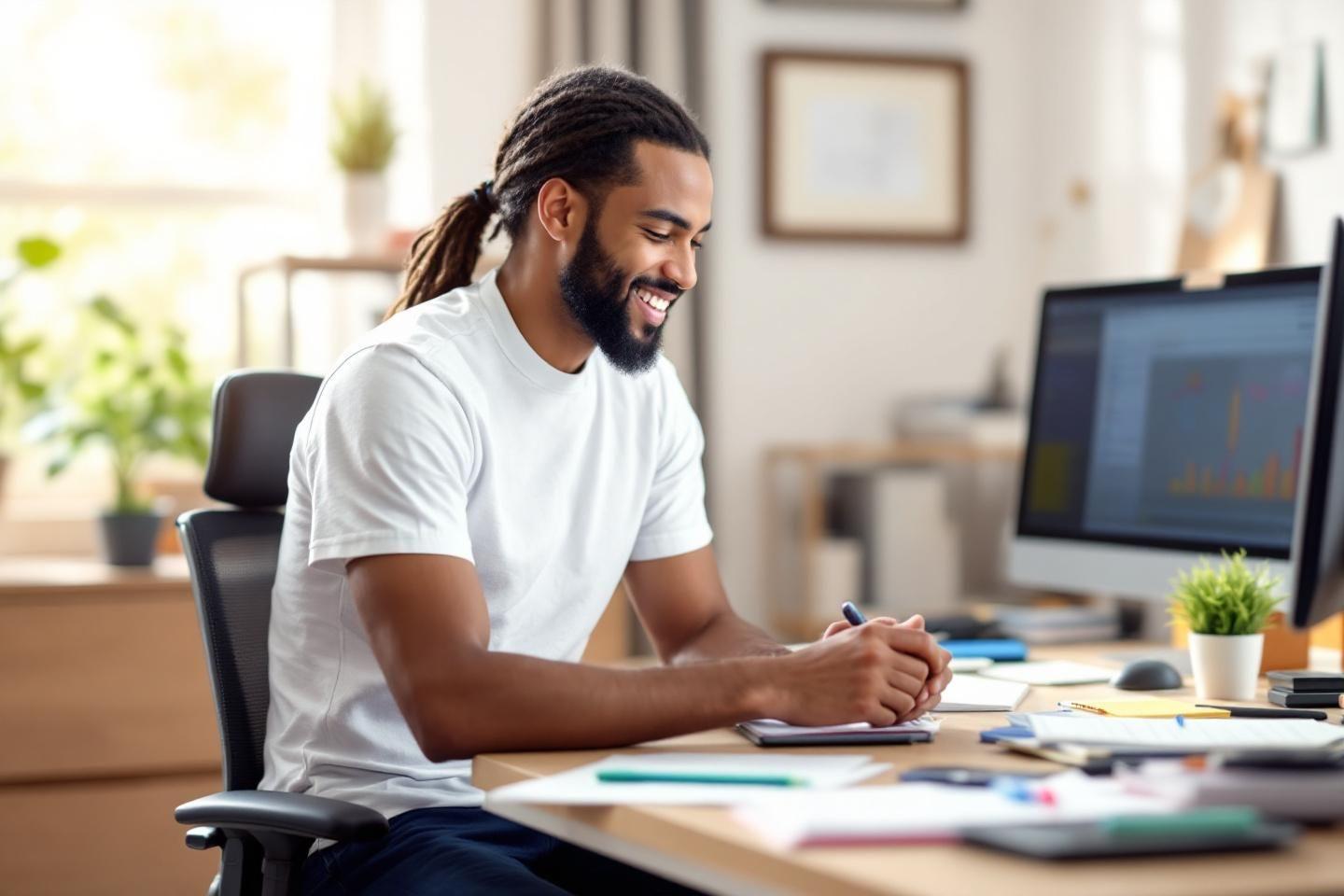 Employé de bureau avec dreadlocks souriant devant son ordinateur