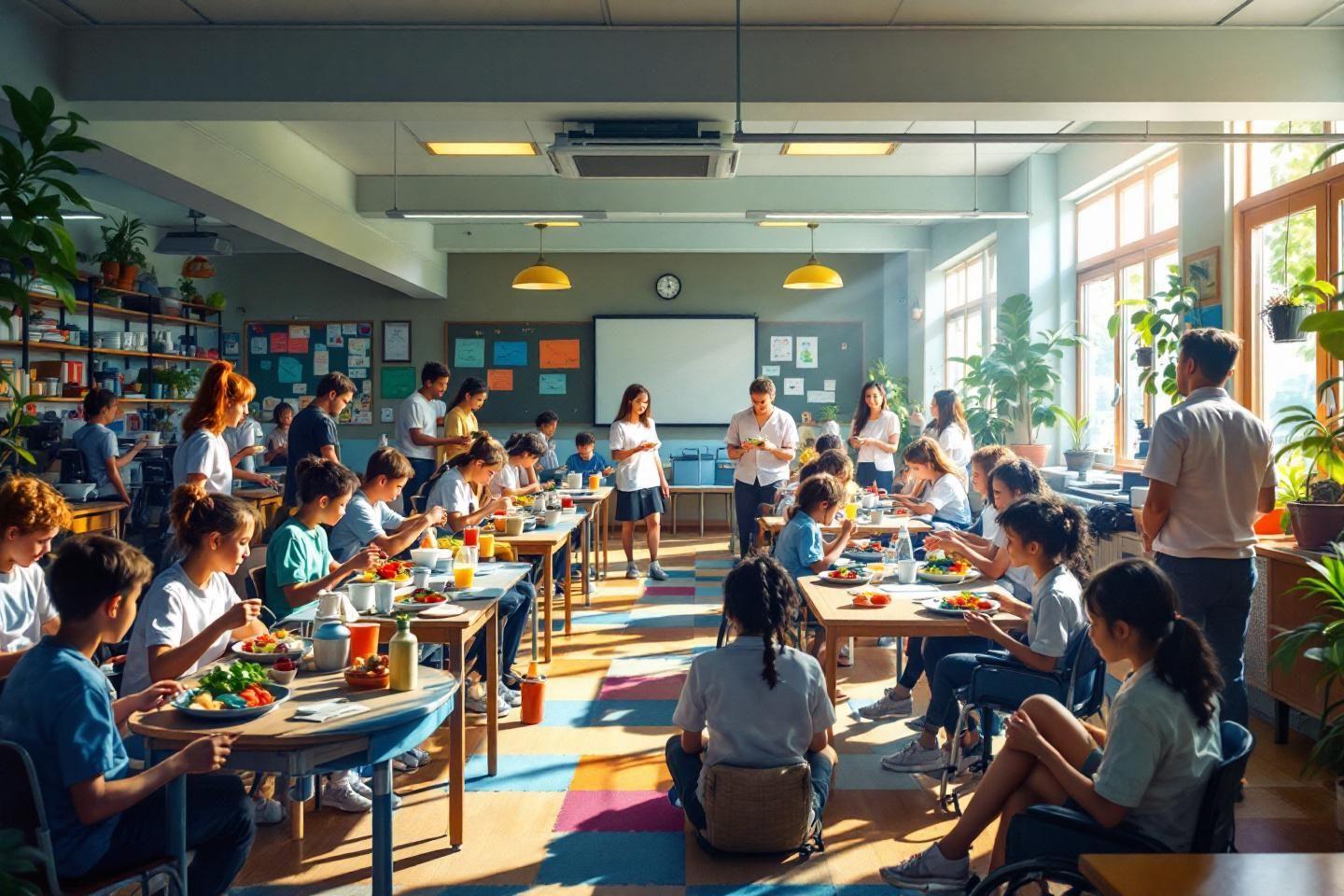 Salle de classe lumineuse avec élèves mangeant ensemble