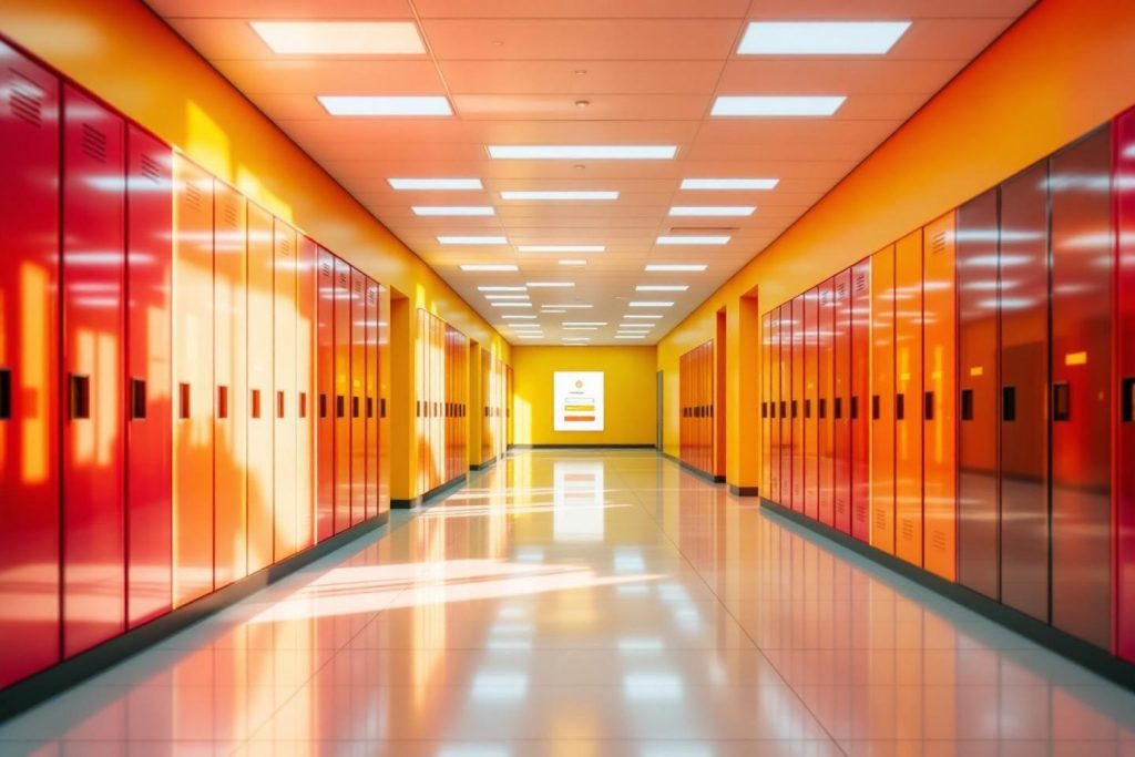 Corridor aux casiers oranges et jaunes avec éclairage blanc
