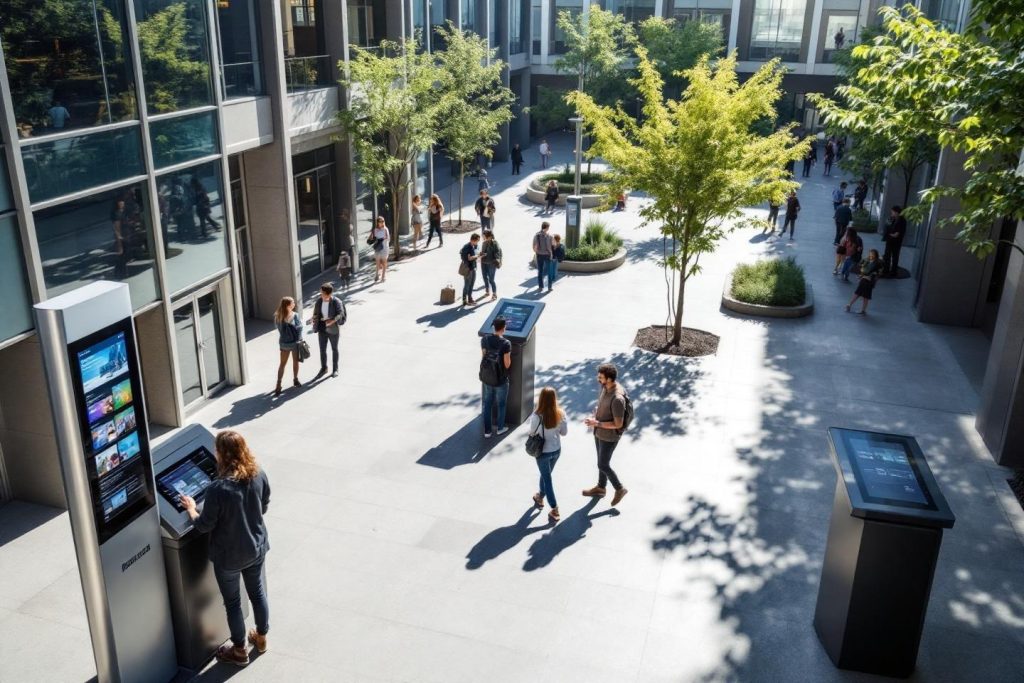 Personnes utilisant des bornes numériques dans un environnement architectural