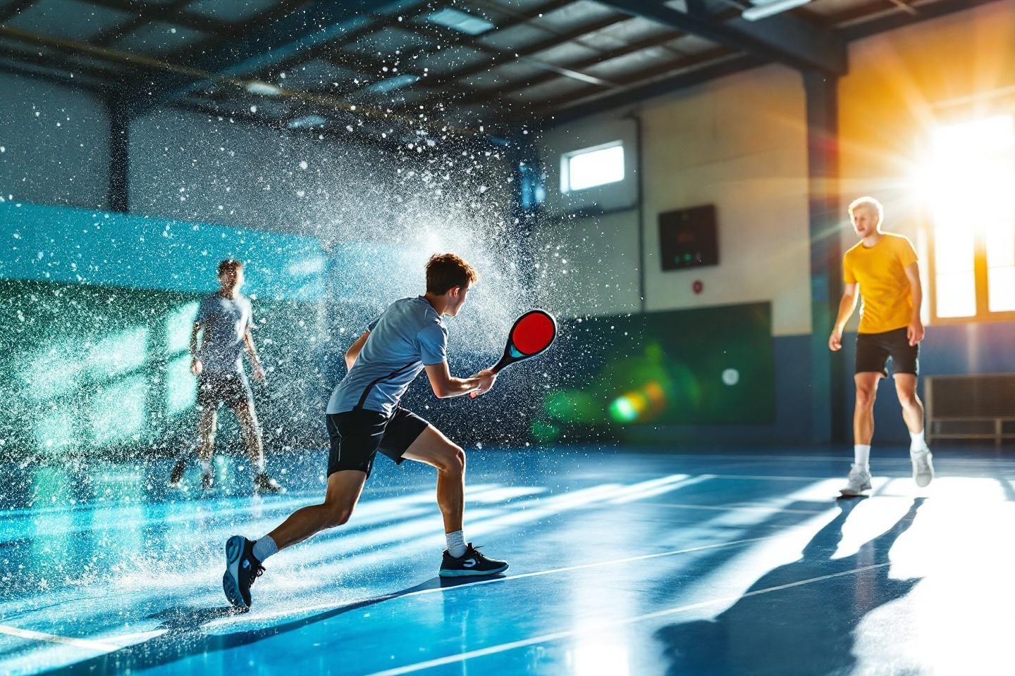 Joueurs de pickleball en action dans un gymnase avec éclaboussures d'eau