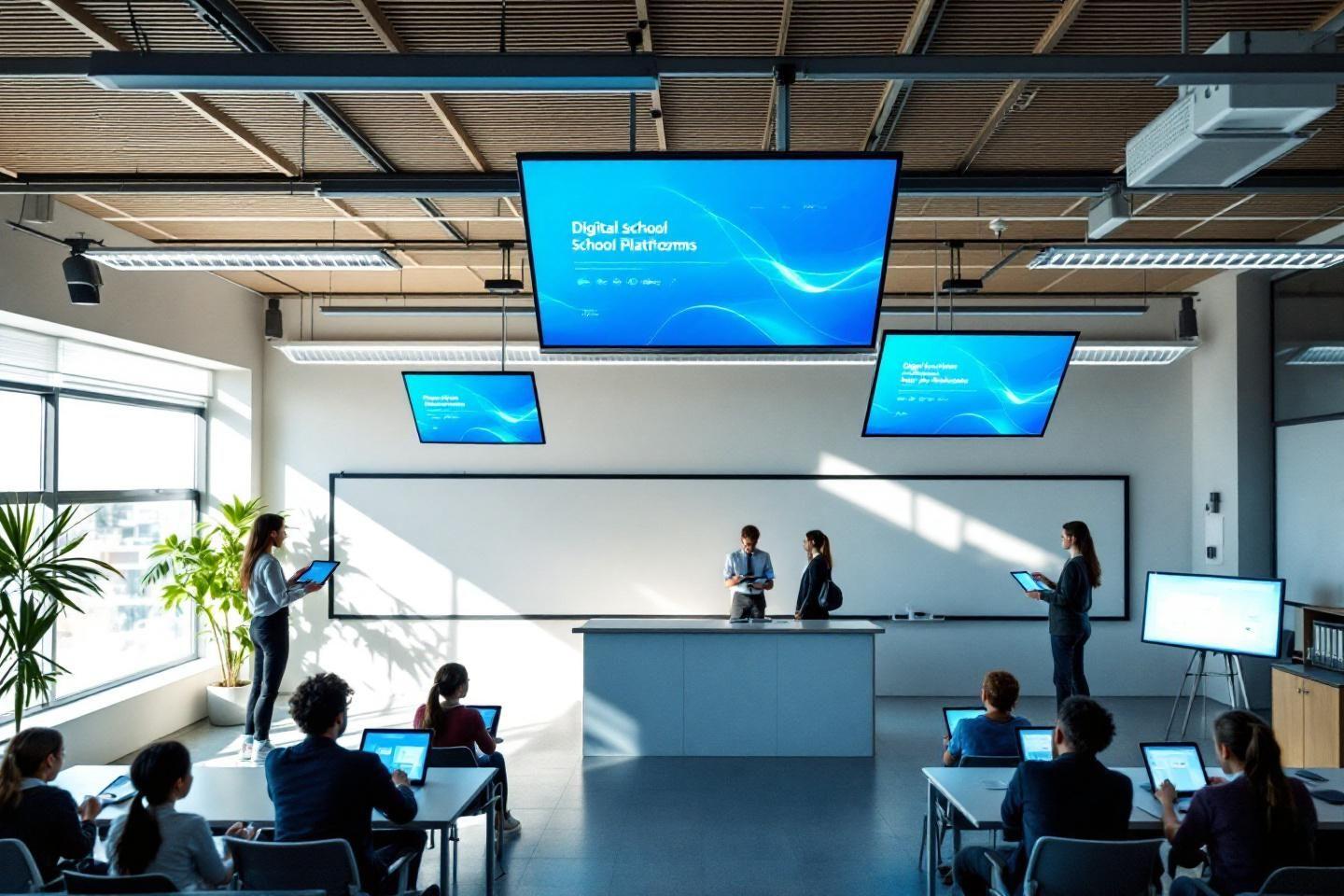 Salle de classe technologique avec écrans bleus et personnes travaillant