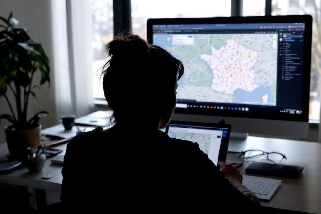 Personne travaillant sur des cartes géographiques depuis son bureau