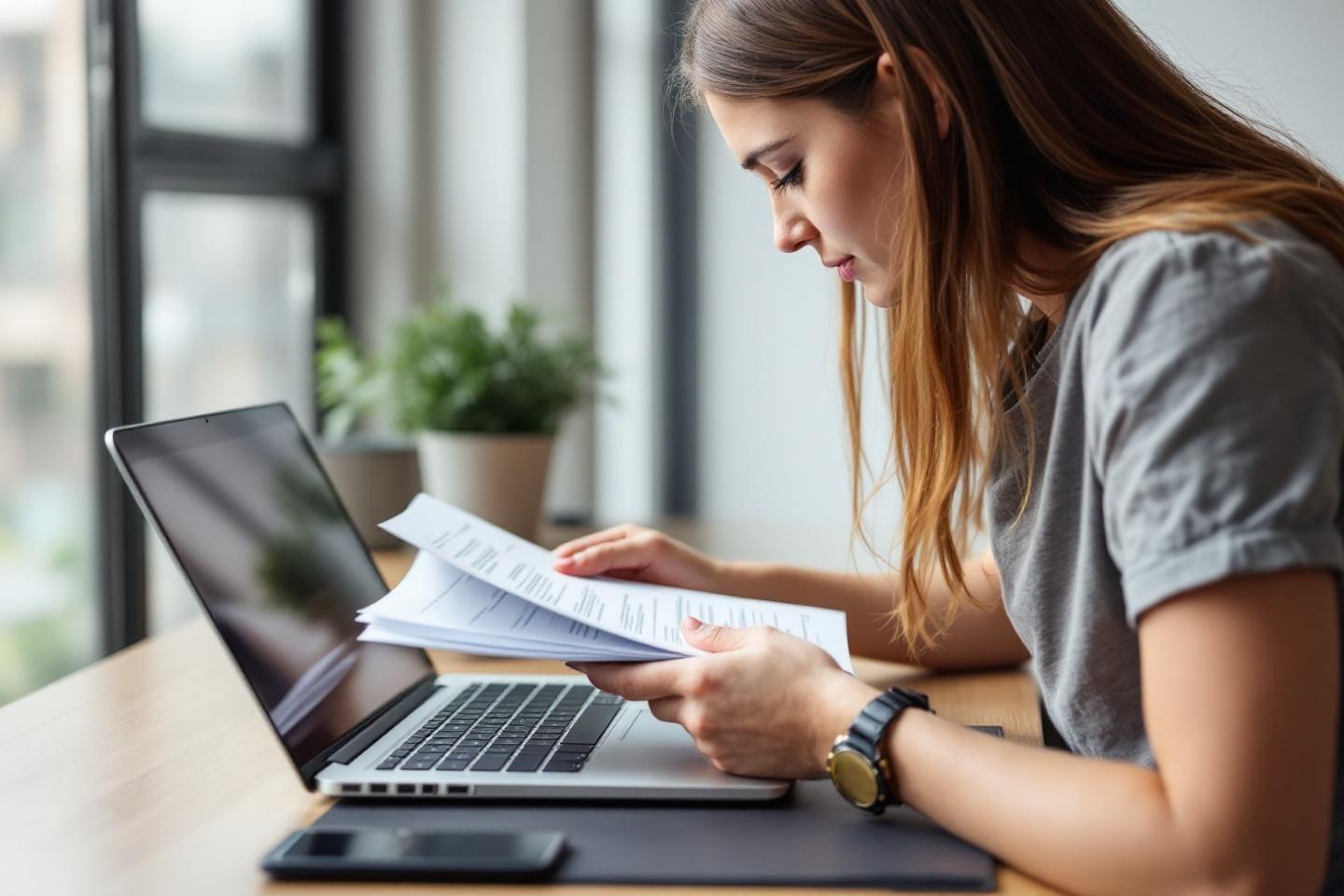 Femme attentive lisant des documents près d'un ordinateur portable