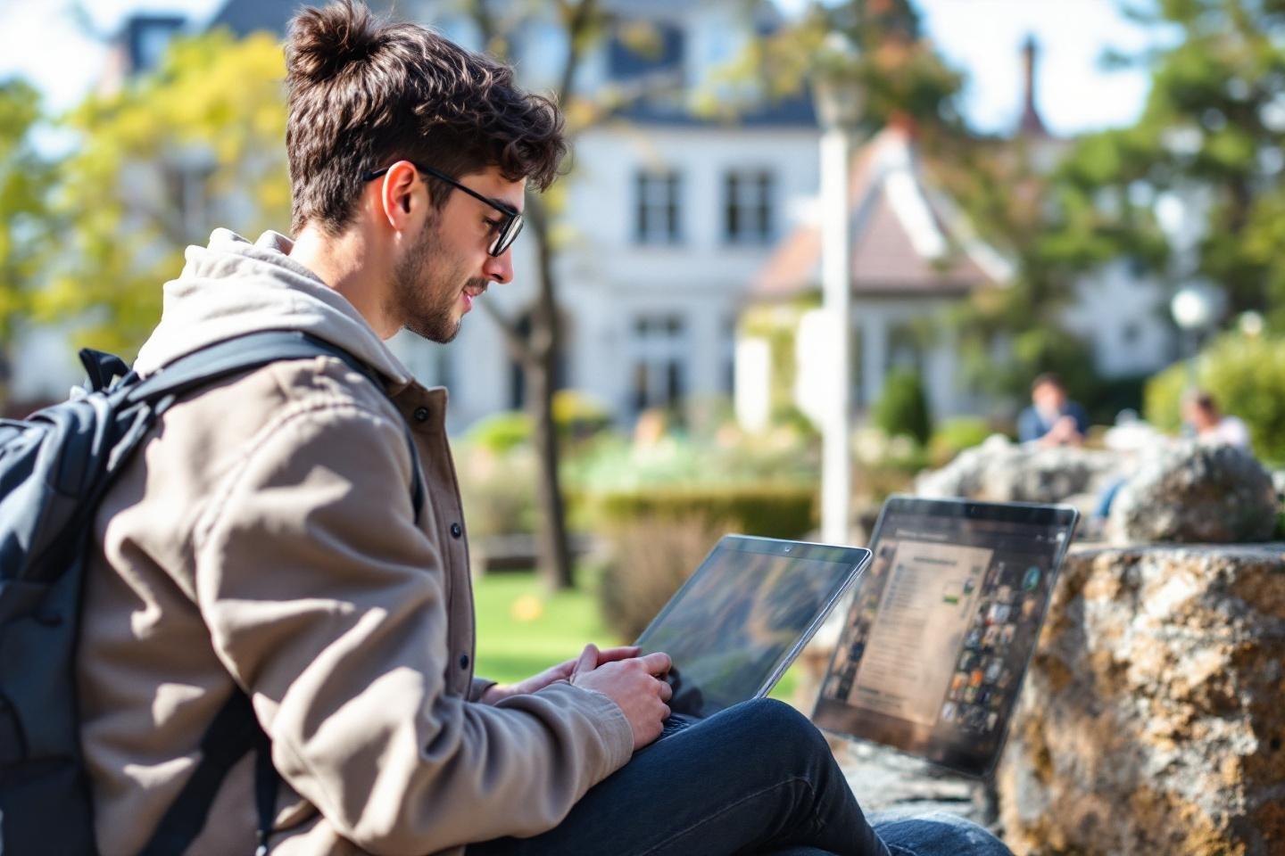 Jeune homme avec ordinateur portable assis dans un parc urbain